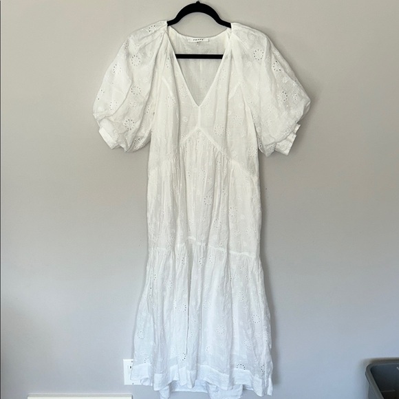 Frame Broderie Anglaise Ramie Puff Sleeve Midi Eyelet Dress in White - Picture 5 of 16